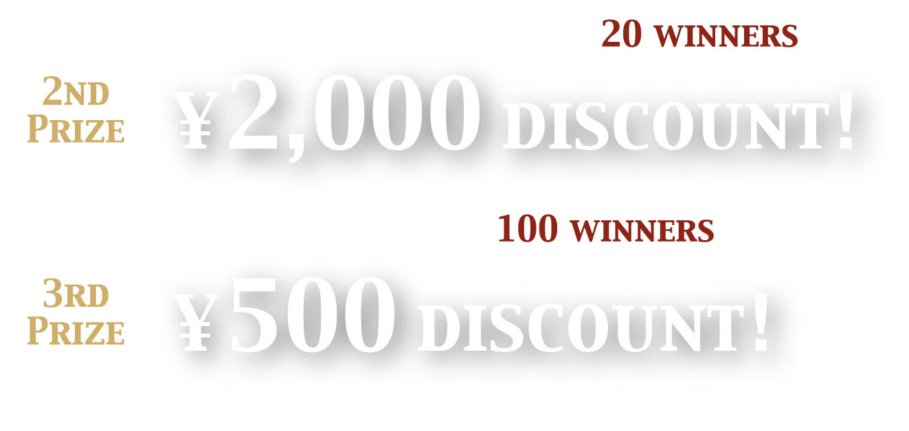 2nd Prize ¥2,000discount! 20 winners, 3rd Prize ¥500discount! 100 winners